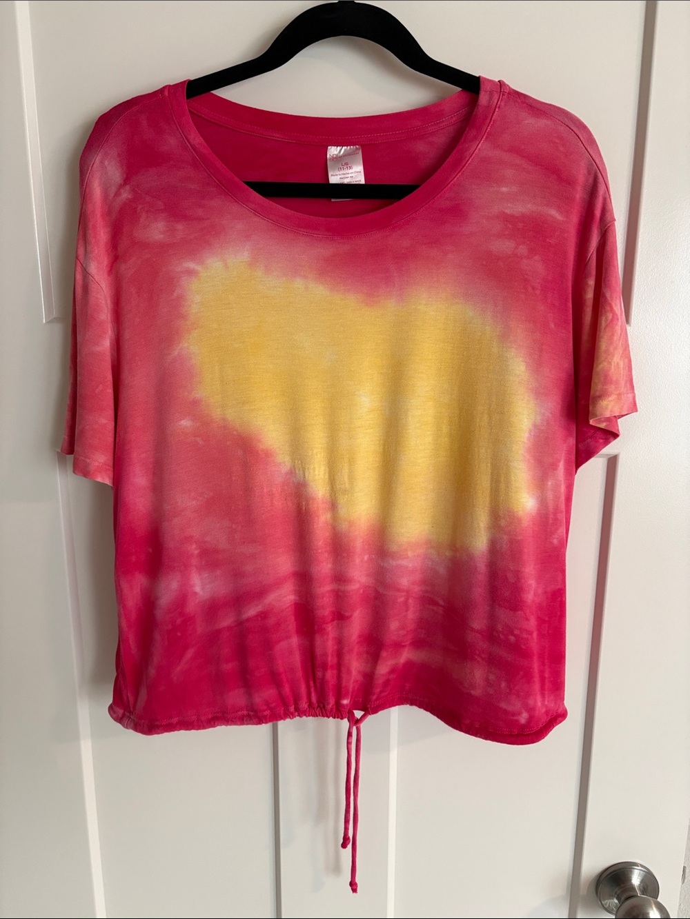 Women's Pink Tie-Dye Drawstring Tee with Yellow Accent